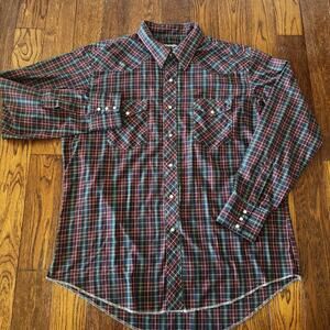 Vintage Cowboy Shirt Men's XL Wrangler Plaid Pearl Snap 17.5" Cowboy Cut USA
